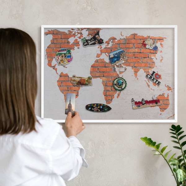 Tablero magnético metálico para souvenirs en color blanco Mapa de ladrillos