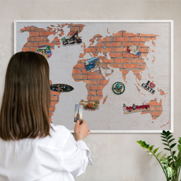 Tablero magnético metálico para souvenirs en color blanco Mapa de ladrillos