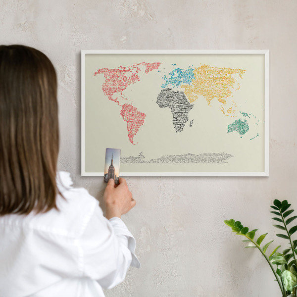 Tablero magnético de pared para imanes con marco blanco Mapa del mundo