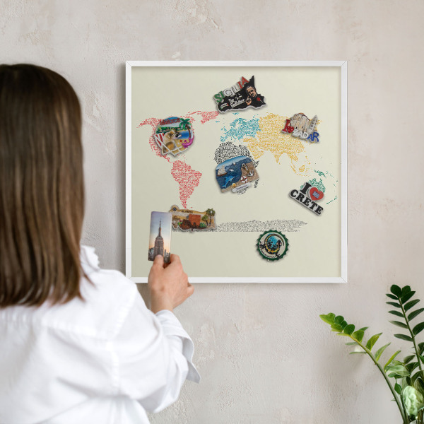 Tablero magnético de pared para imanes con marco blanco Mapa del mundo