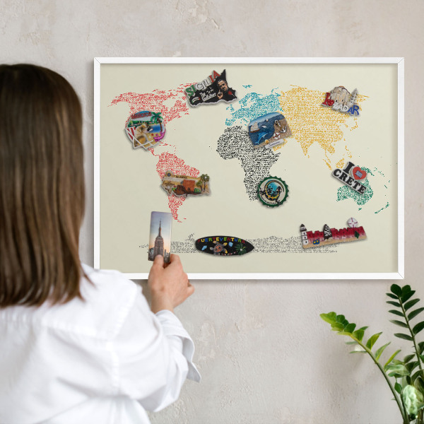 Tablero magnético de pared para imanes con marco blanco Mapa del mundo