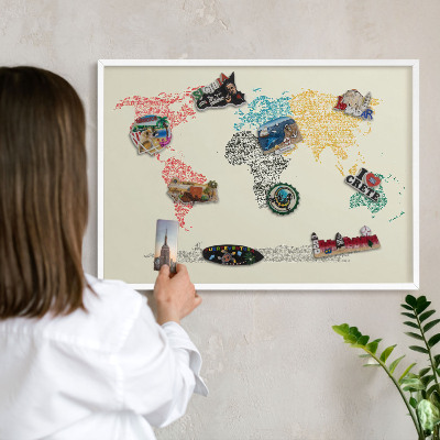 Tablero magnético de pared para imanes con marco blanco Mapa del mundo