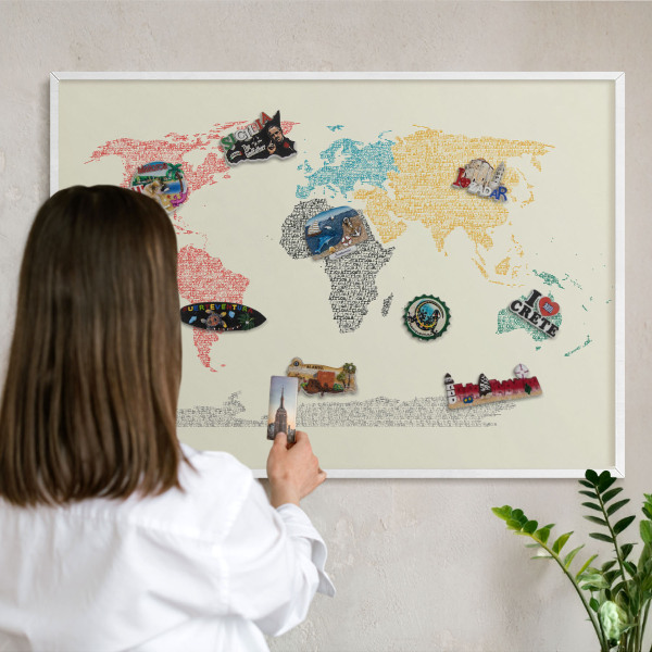 Tablero magnético de pared para imanes con marco blanco Mapa del mundo