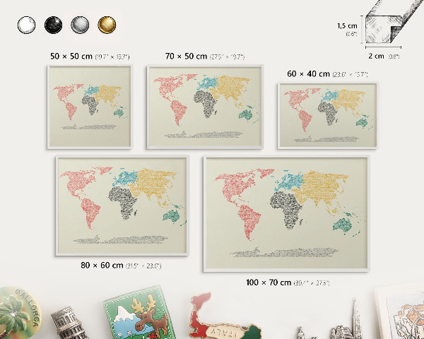 Tablero magnético de pared para imanes con marco blanco Mapa del mundo