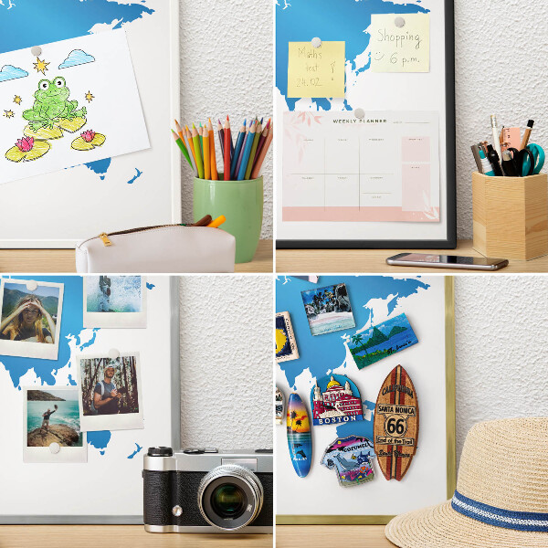 Tablero magnético de pared para imanes con marco blanco Mapa del mundo