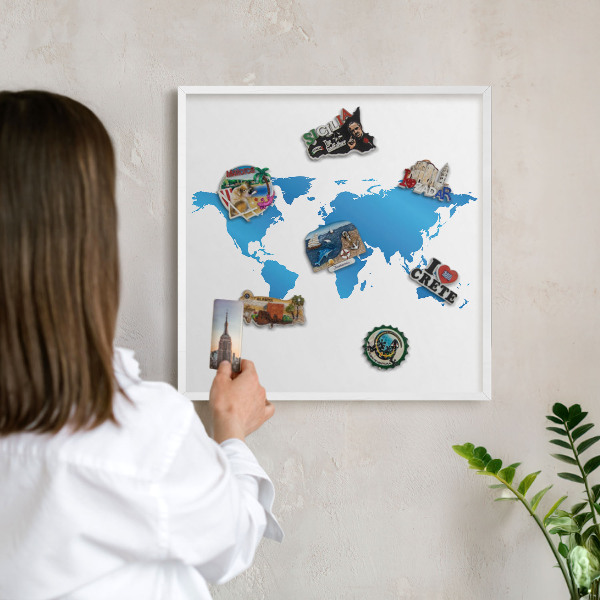 Tablero magnético de pared para imanes con marco blanco Mapa del mundo