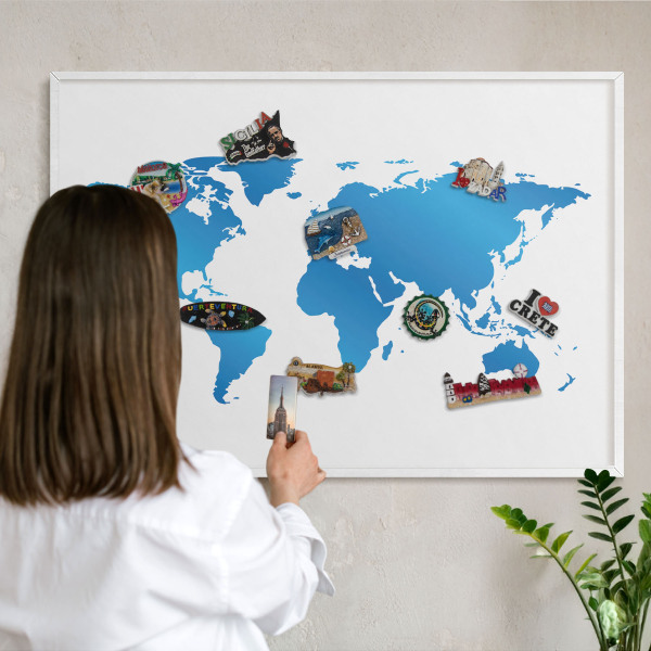 Tablero magnético de pared para imanes con marco blanco Mapa del mundo