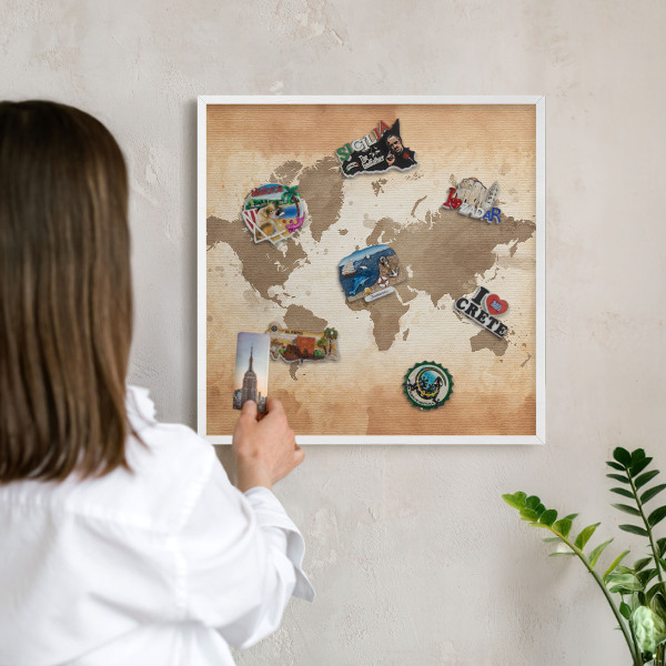 Tablero magnético metálico para souvenirs en color blanco Mapa del mundo