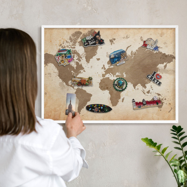 Tablero magnético metálico para souvenirs en color blanco Mapa del mundo