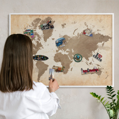Tablero magnético metálico para souvenirs en color blanco Mapa del mundo