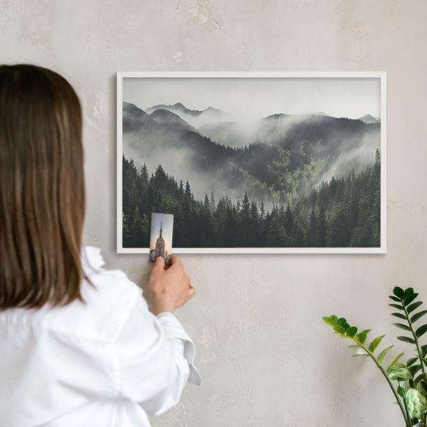 Tablero magnético de pared para imanes con marco blanco Montañas verdes
