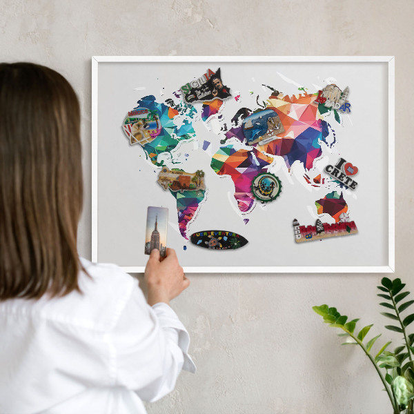 Tablero magnético de pared para imanes con marco blanco Mapa del mundo