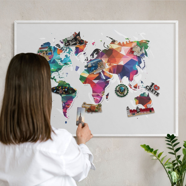 Tablero magnético de pared para imanes con marco blanco Mapa del mundo