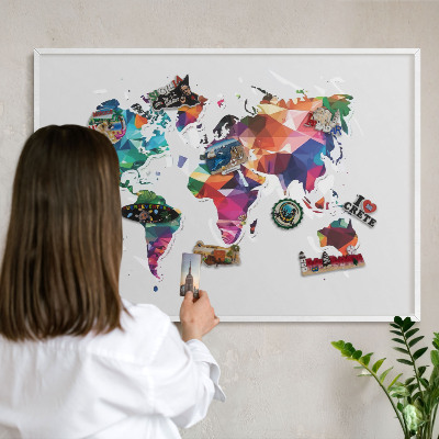 Tablero magnético de pared para imanes con marco blanco Mapa del mundo