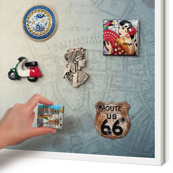 Tablero magnético de pared para imanes con marco blanco Mapa antiguo