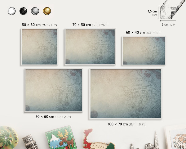 Tablero magnético de pared para imanes con marco blanco Mapa antiguo