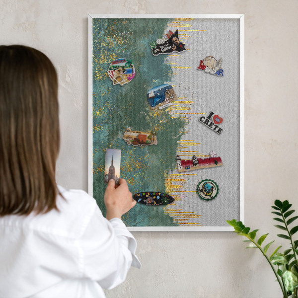 Tablero magnético metálico para souvenirs en color blanco Abstracción turquesa