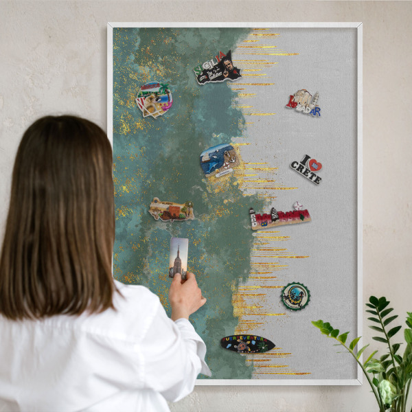 Tablero magnético metálico para souvenirs en color blanco Abstracción turquesa
