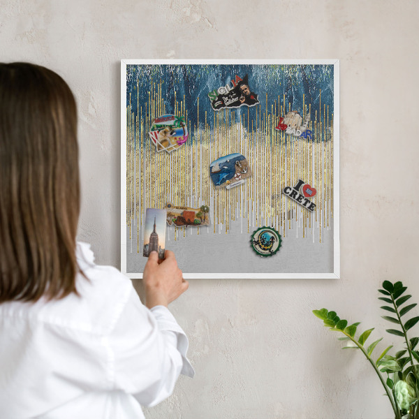 Tablero magnético de pared para imanes con marco blanco Bosque abstracto