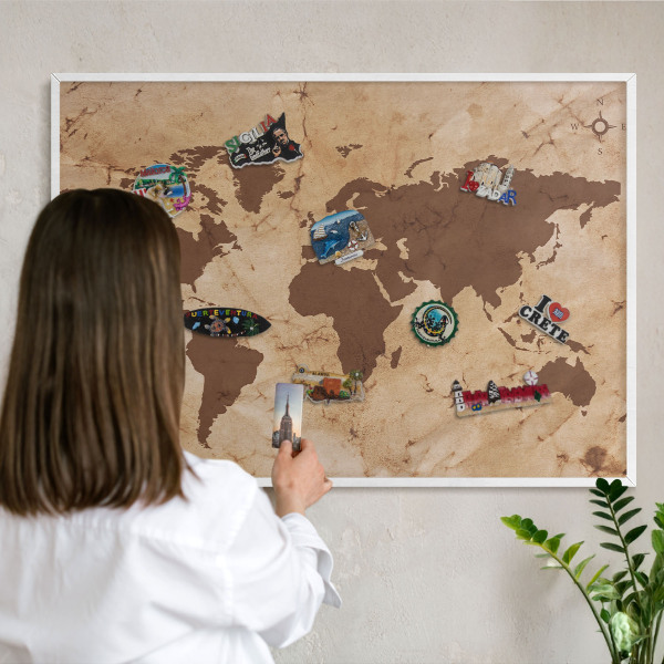 Tablero magnético metálico para souvenirs en color blanco Mapa del mundo