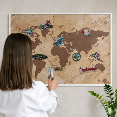 Tablero magnético metálico para souvenirs en color blanco Mapa del mundo
