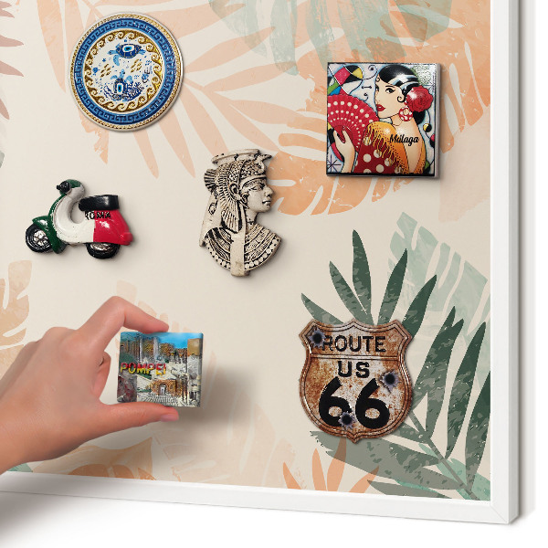 Tablero magnético de pared para imanes con marco blanco Hojas tropicales
