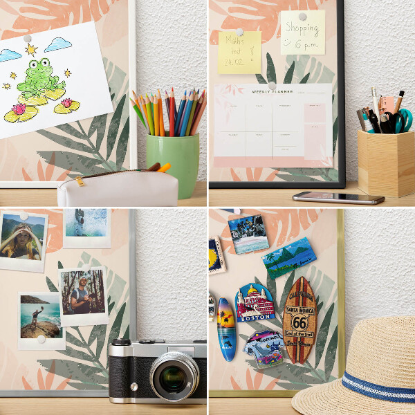 Tablero magnético de pared para imanes con marco blanco Hojas tropicales
