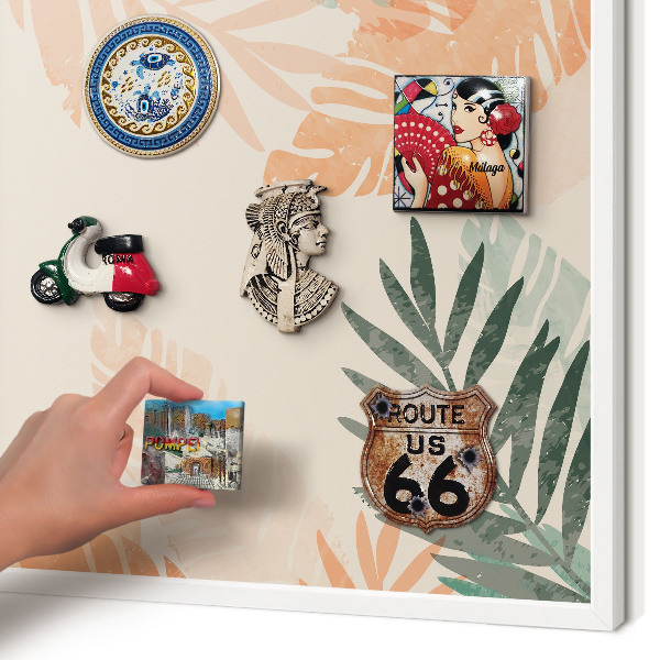 Tablero magnético de pared para imanes con marco blanco Hojas tropicales