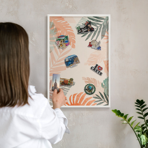 Tablero magnético de pared para imanes con marco blanco Hojas tropicales