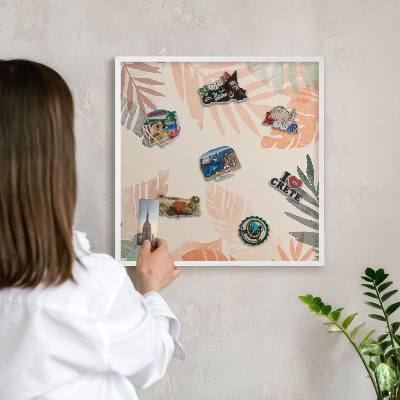Tablero magnético de pared para imanes con marco blanco Hojas tropicales