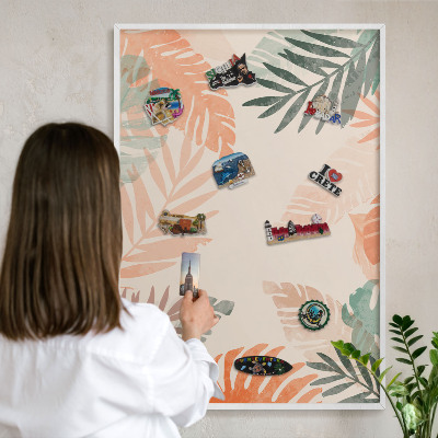 Tablero magnético de pared para imanes con marco blanco Hojas tropicales
