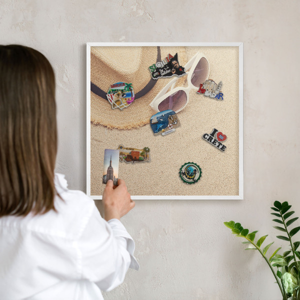 Tablero magnético de pared para imanes con marco blanco Playa de verano