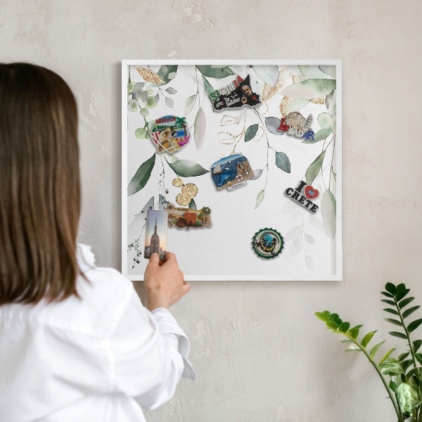 Tablero magnético metálico para souvenirs en color blanco Hojas verdes