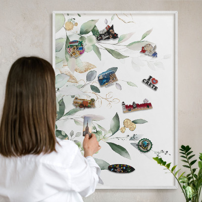 Tablero magnético metálico para souvenirs en color blanco Hojas verdes