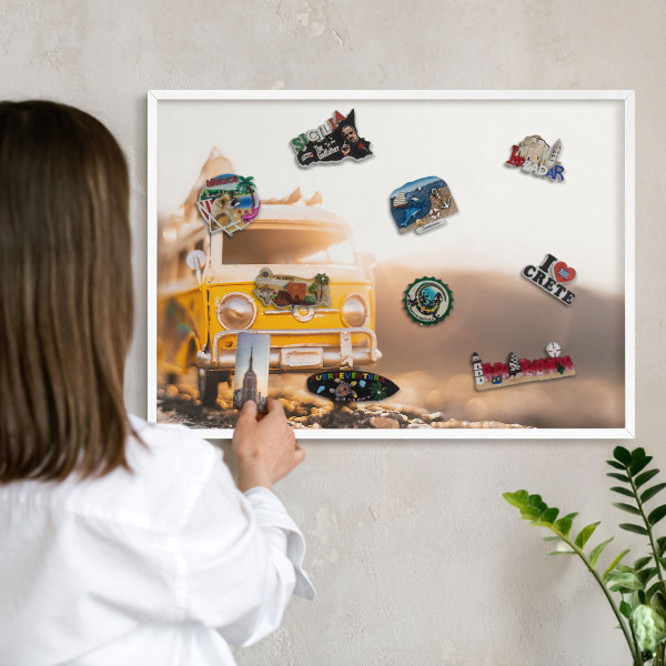 Tablero magnético metálico para souvenirs en color blanco Viajes retro