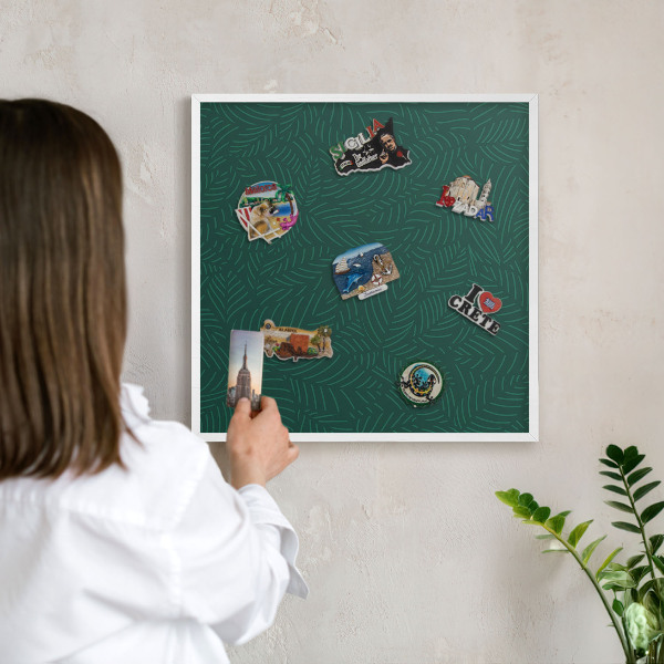 Tablero magnético metálico para souvenirs en color blanco Hojas verdes