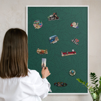 Tablero magnético metálico para souvenirs en color blanco Hojas verdes
