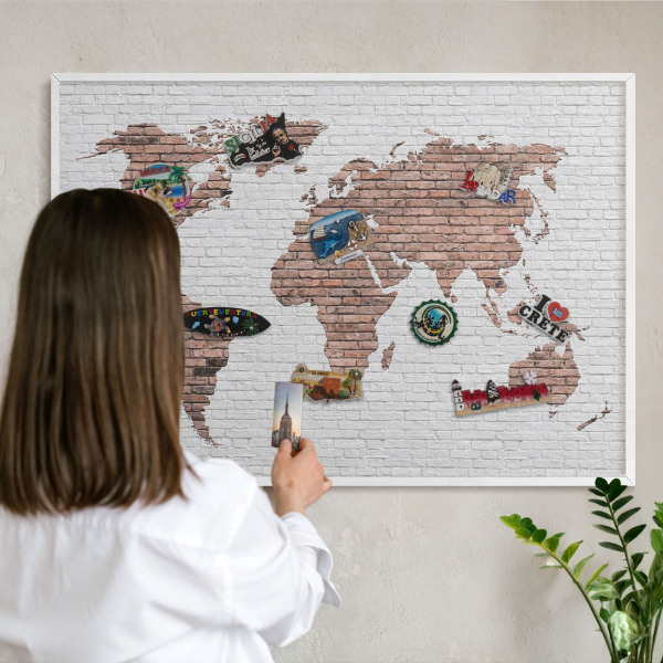 Tablero magnético de pared para imanes con marco blanco Mapa de ladrillos