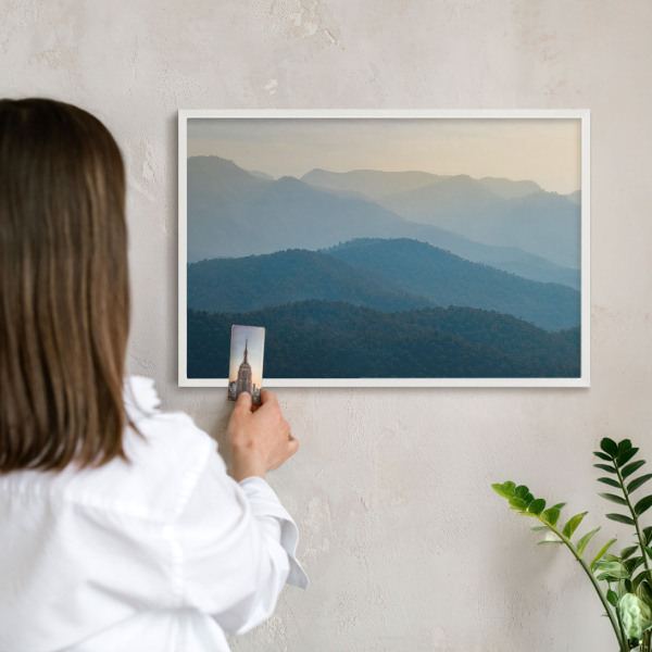 Tablero magnético metálico para souvenirs en color blanco Vistas a la montaña