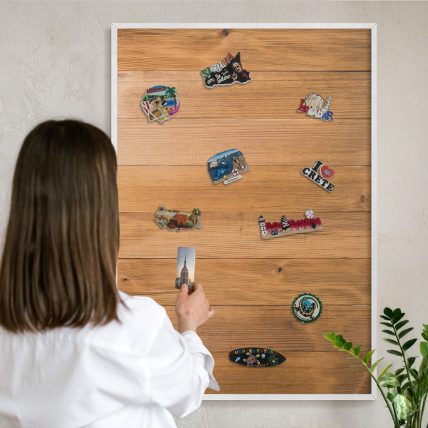 Tablero magnético metálico para souvenirs en color blanco Textura de madera