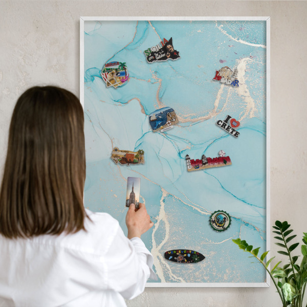 Tablero magnético metálico para souvenirs en color blanco Elegancia turquesa