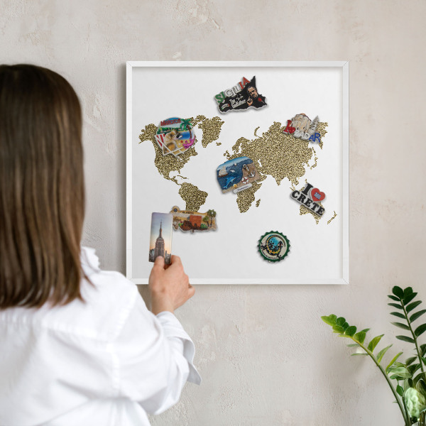 Tablero magnético de pared para imanes con marco blanco Mapa del mundo