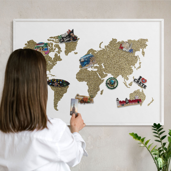 Tablero magnético de pared para imanes con marco blanco Mapa del mundo