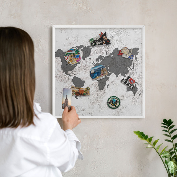 Tablero magnético metálico para souvenirs en color blanco Mapa del mundo