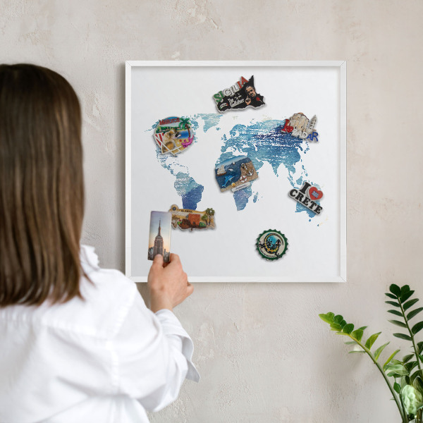 Tablero magnético metálico para souvenirs en color blanco Mapa de acuarela