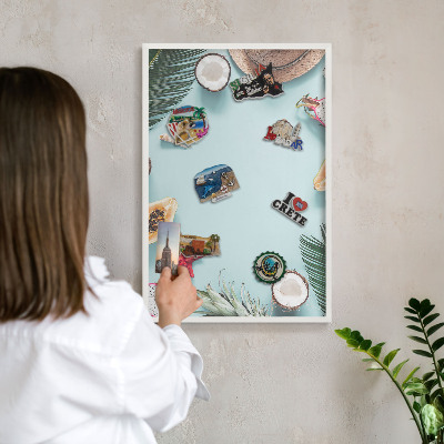 Tablero magnético de pared para imanes con marco blanco Vacaciones tropicales