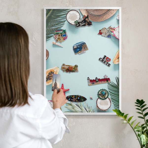 Tablero magnético de pared para imanes con marco blanco Vacaciones tropicales