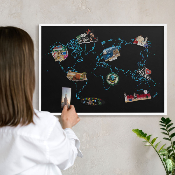 Tablero magnético de pared para imanes con marco blanco Mapa del mundo