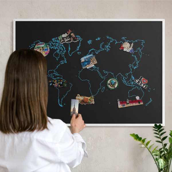 Tablero magnético de pared para imanes con marco blanco Mapa del mundo