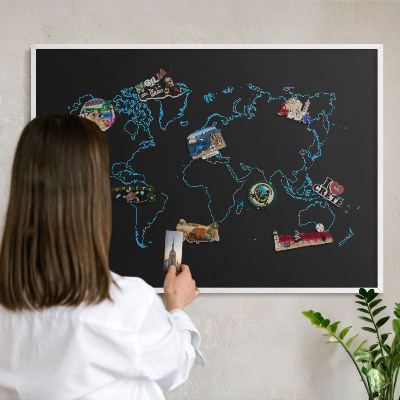 Tablero magnético de pared para imanes con marco blanco Mapa del mundo